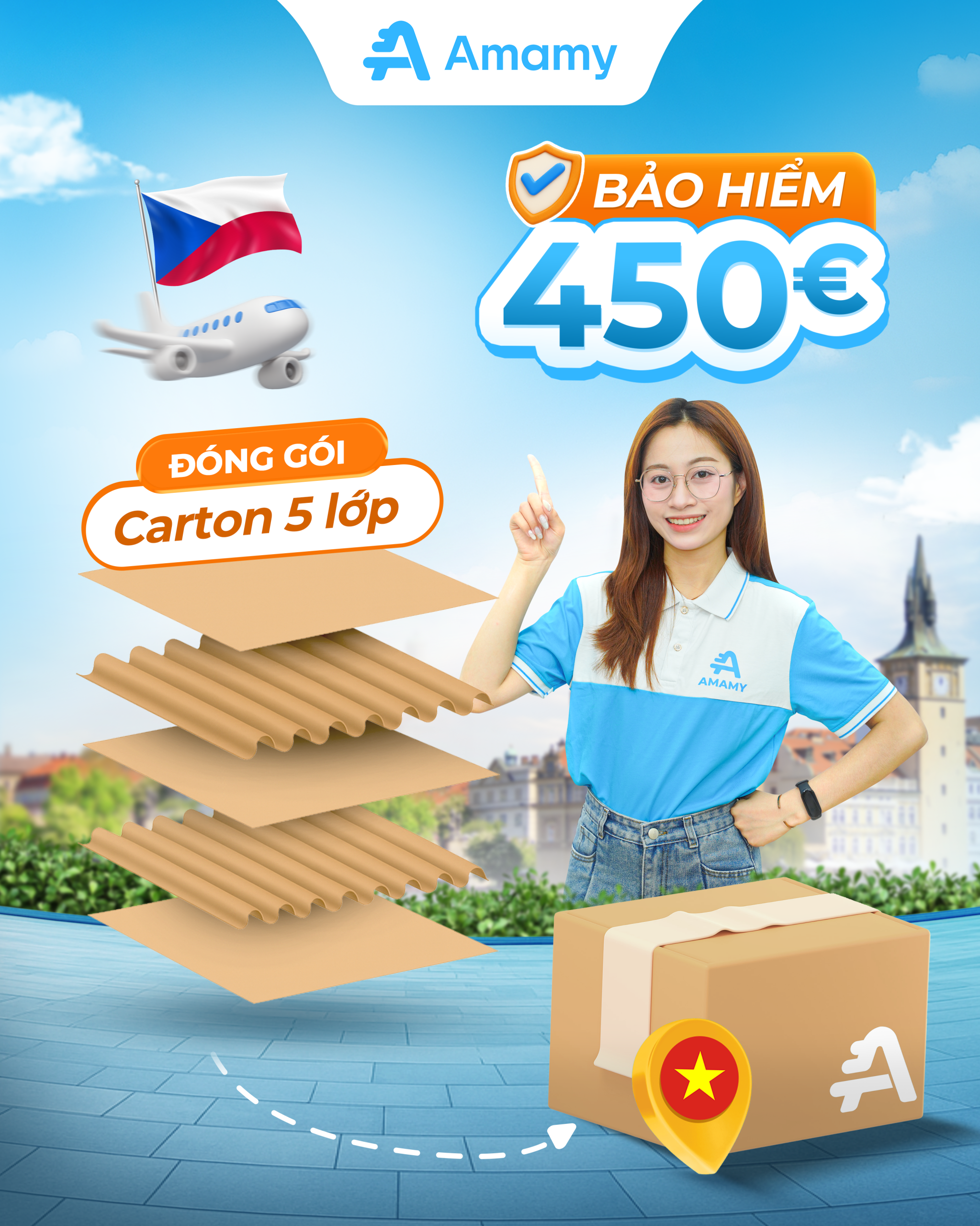 Đóng gói 5 lớp – bảo hiểm đến 450€