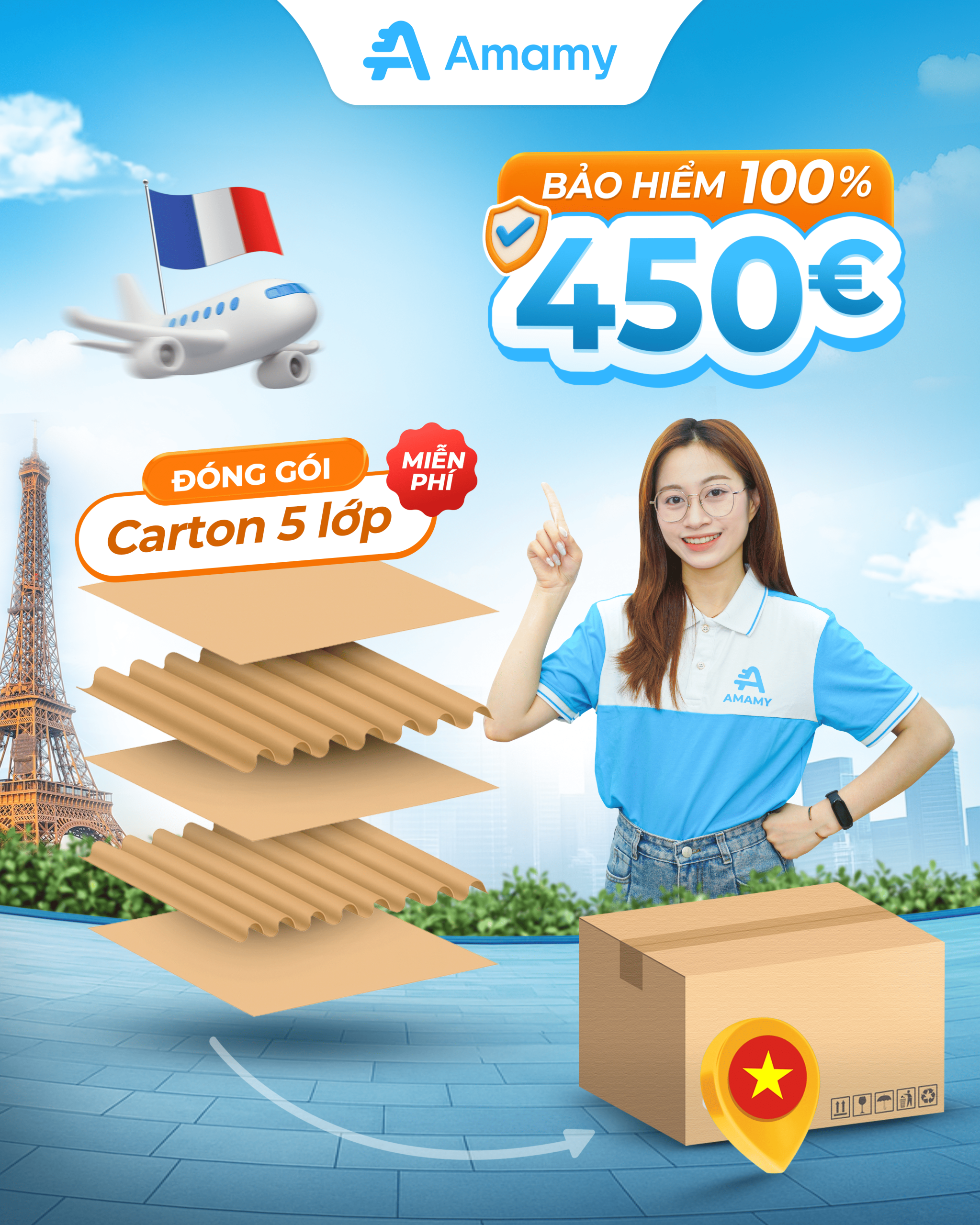 Đóng gói chuẩn quốc tế – bảo hiểm 450€
